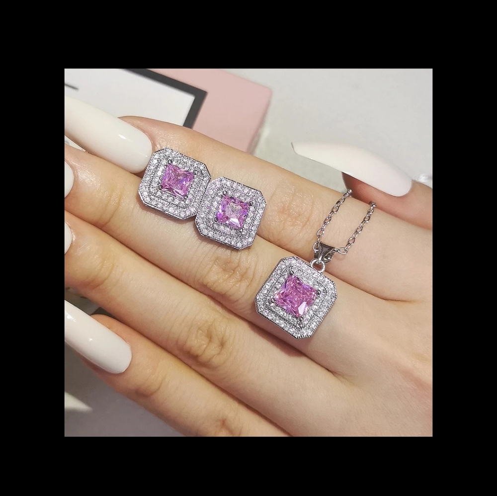 FINAL SALE 925 Silver Pink Sapphire Princess Earrings & Necklace Set